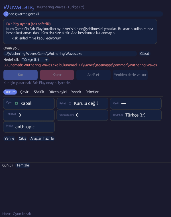 WuwaLang Durum sekmesi: oyun yolu, paket durumu, çeviri belleği kaydı ve çevrilme yüzdesi